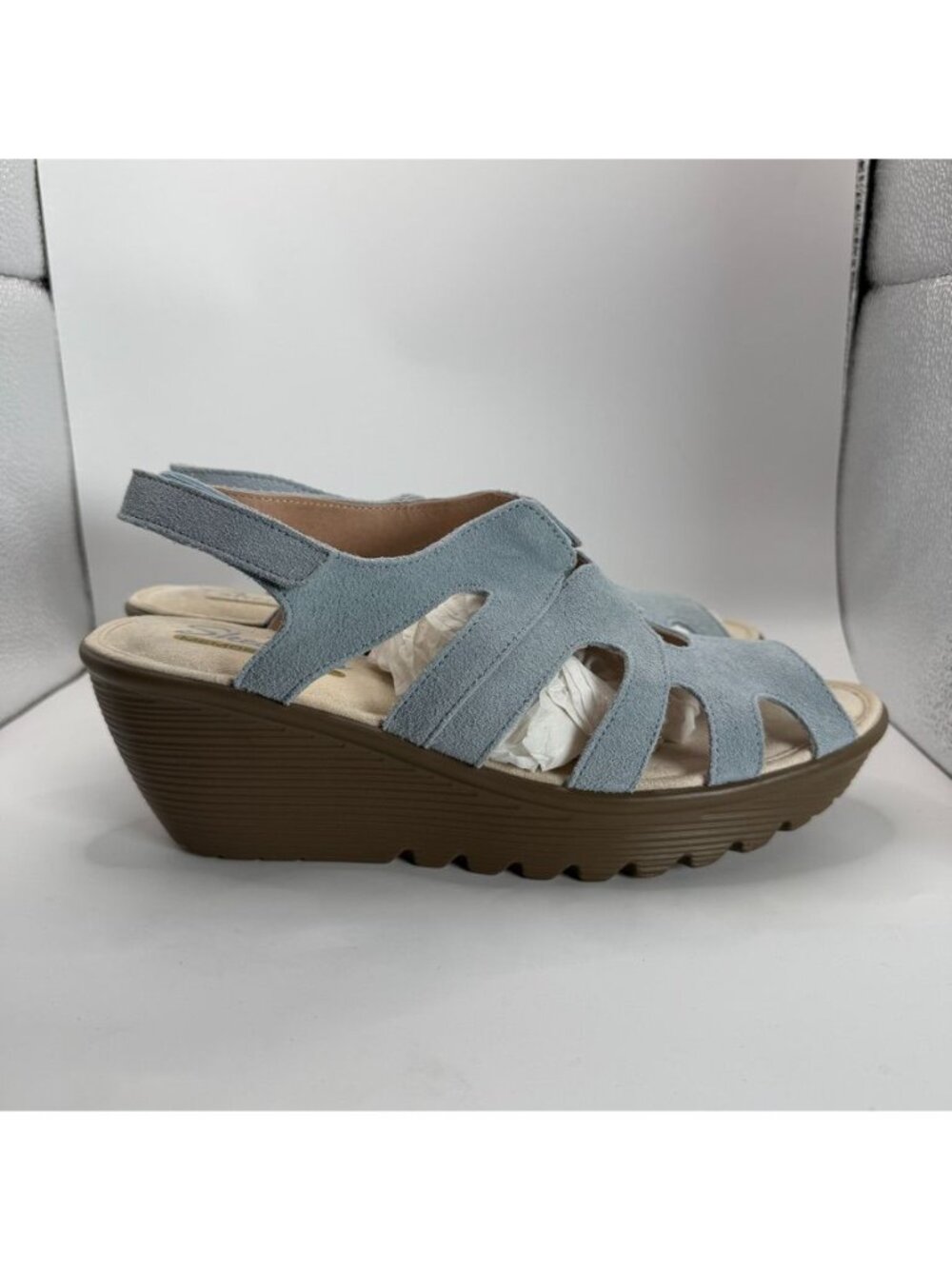 Skechers Women’s Blue Suede Wedge Sandals Memory Foam & Adjustable Strap Size 9